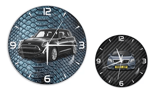 Two wall clocks with car illustrations: left with black car on blue reptile texture, right with blue car on carbon background