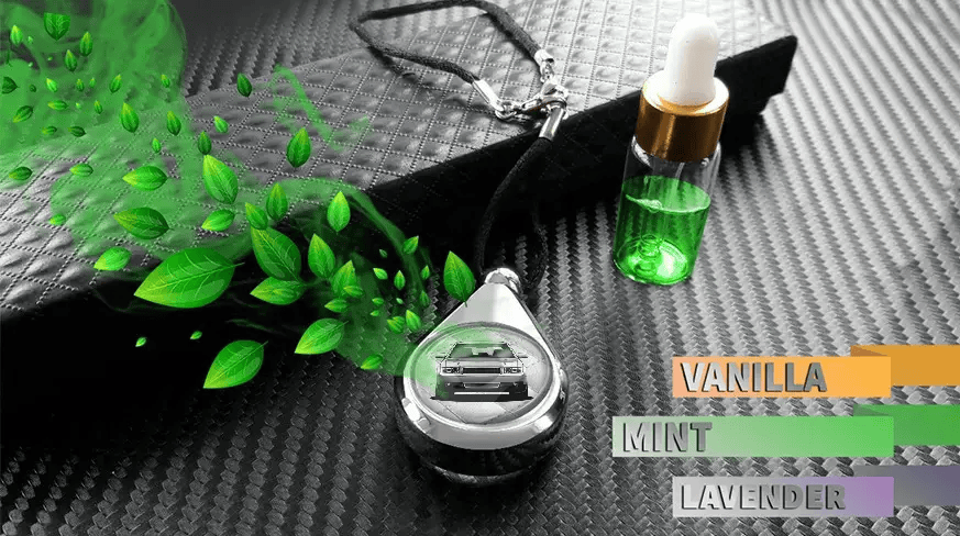 Car perfume pendant releasing fragrance beside scent refill bottles, showcasing available aromas like vanilla, mint, and lavender