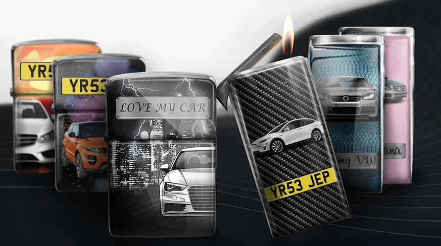 Car-themed lighters with printed designs: white car with flame, lighter with 