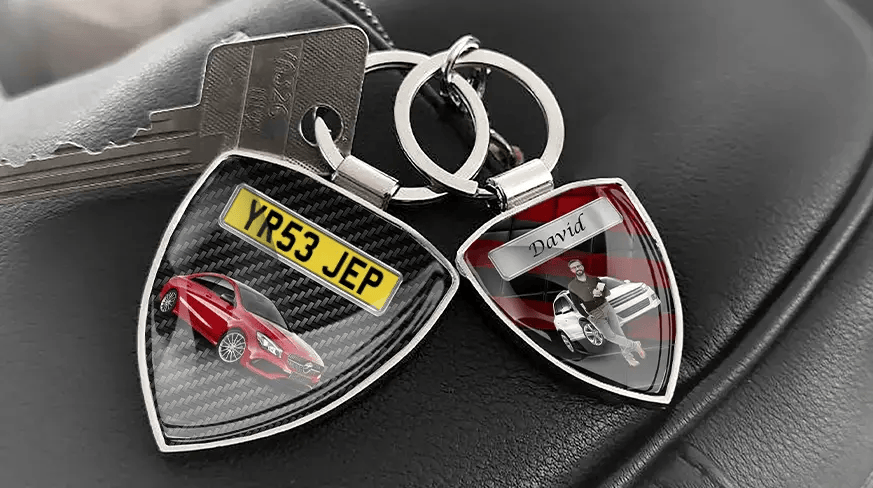 Custom shield photo keychains with personalized car photos