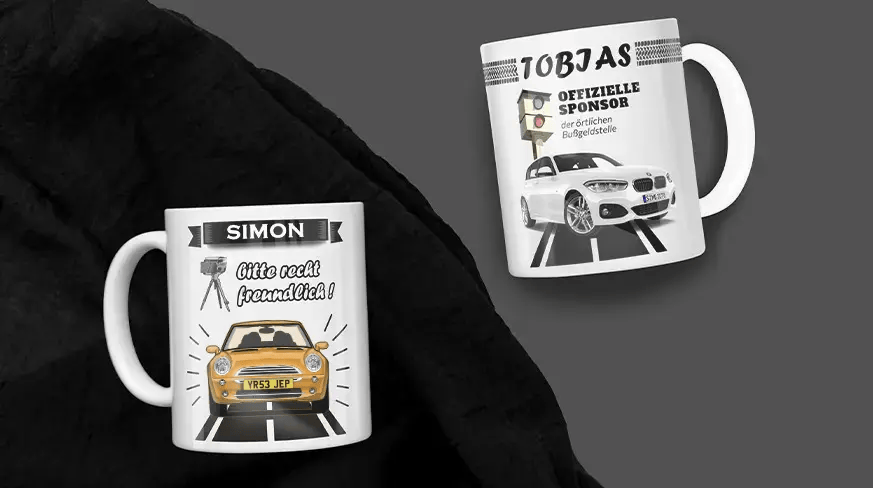Two white mugs with car and speed camera prints: Simon's mug with friendly message, Tobias's mug with humorous fine office text